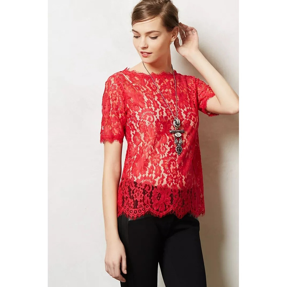 Vanessa Virginia Womens Elysian Lace‎ Top Red Short Sleeve Size Small